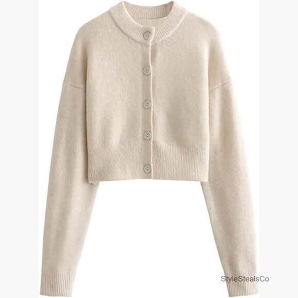 Sweaters - Cropped Cardigan Sweater Slim Fit Long Sleeve Button Down Knit Top